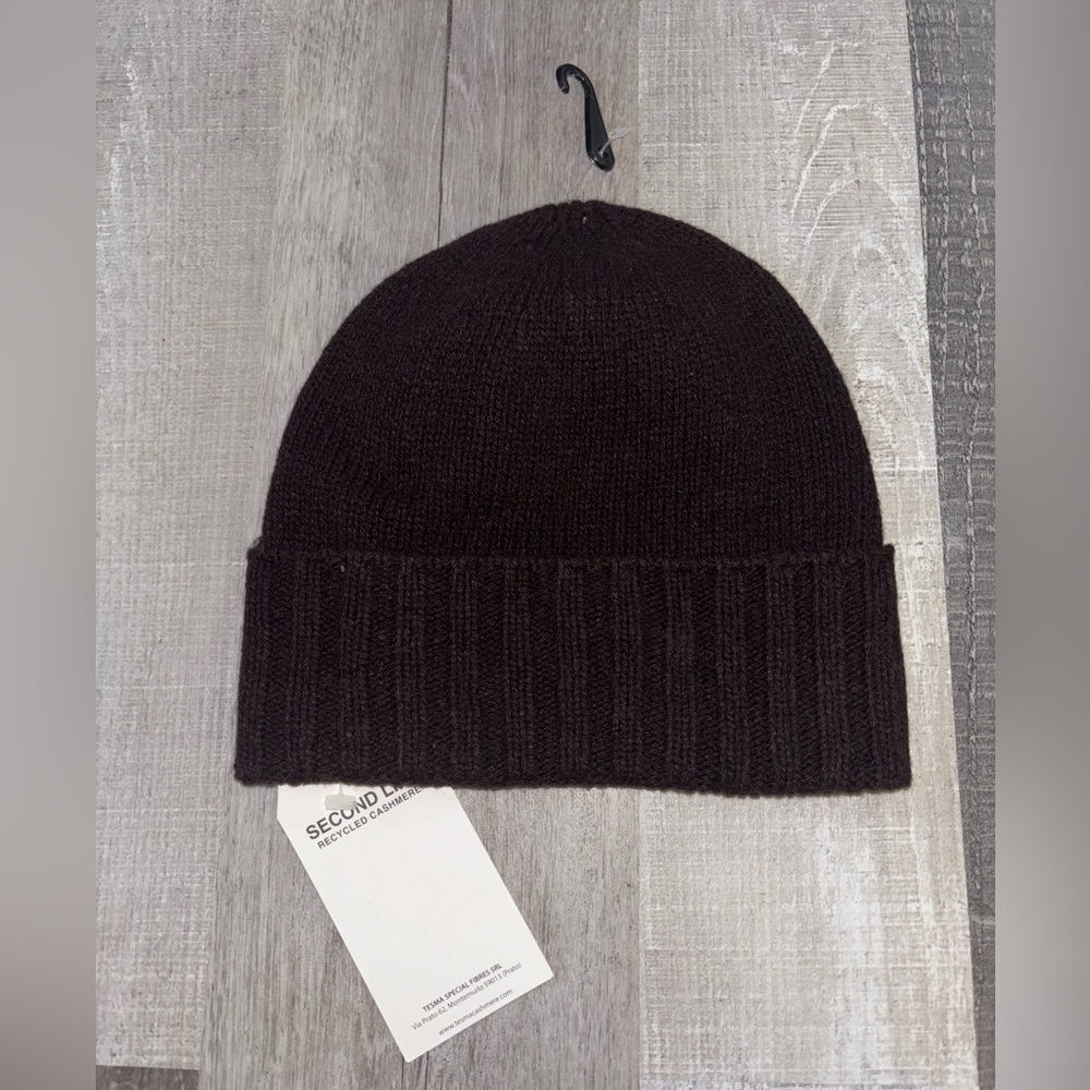 🥥NWT TESMA Cashmere Brown Fold-Over Ribbed Knit Beanie